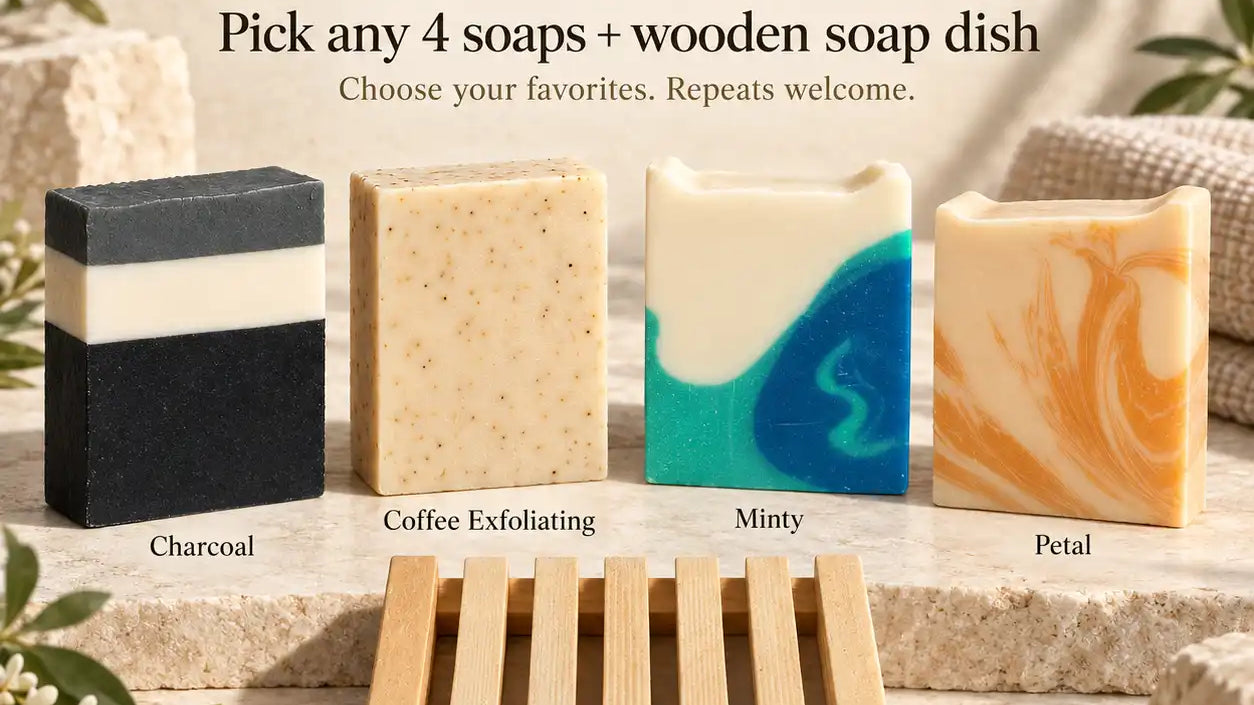 Four Cloudy Soap sulfate-free handmade soap bars with a wooden soap dish