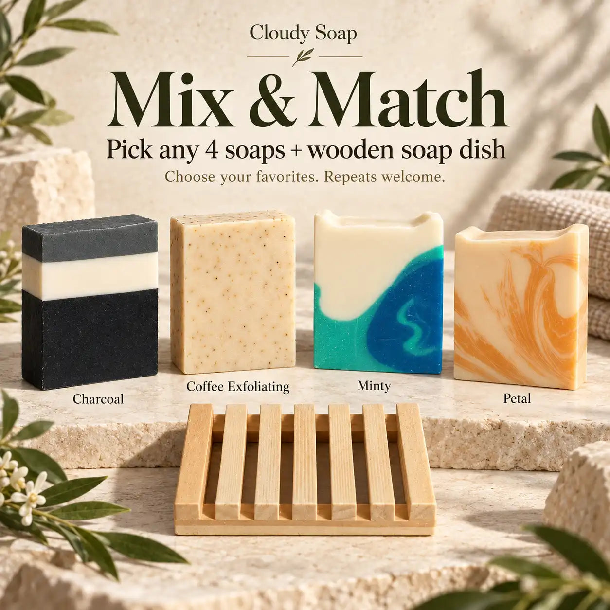 Cloudy Soap Discovery Set gift: four handmade soap bars with a wooden soap dish