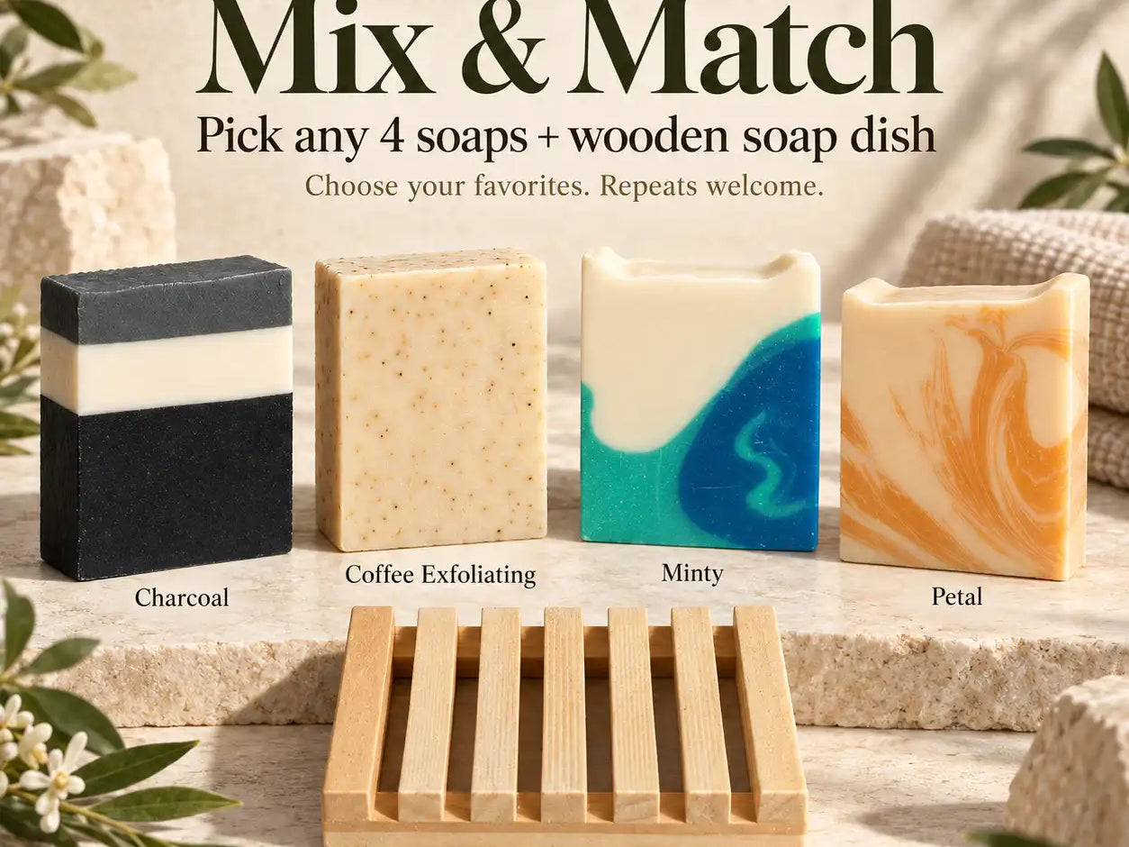 Cloudy Soap Discovery Set gift: four handmade soap bars with a wooden soap dish