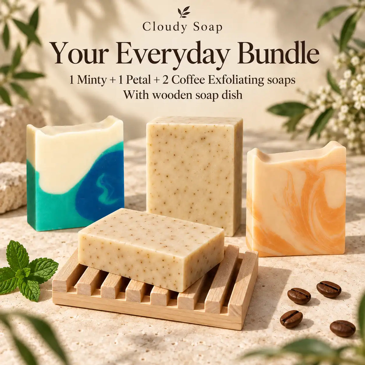 Smooth Skin soap set: 2 Coffee Exfoliating, 1 Petals and 1 Peppermint bar with a wooden soap dish