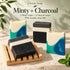 Fresh & Clean soap set: 2 Peppermint and 2 Activated Charcoal bars with a wooden soap dish