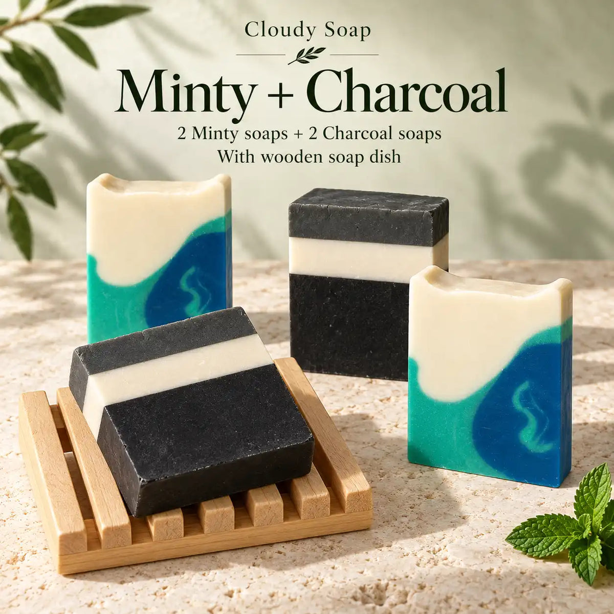 Fresh & Clean soap set: 2 Peppermint and 2 Activated Charcoal bars with a wooden soap dish