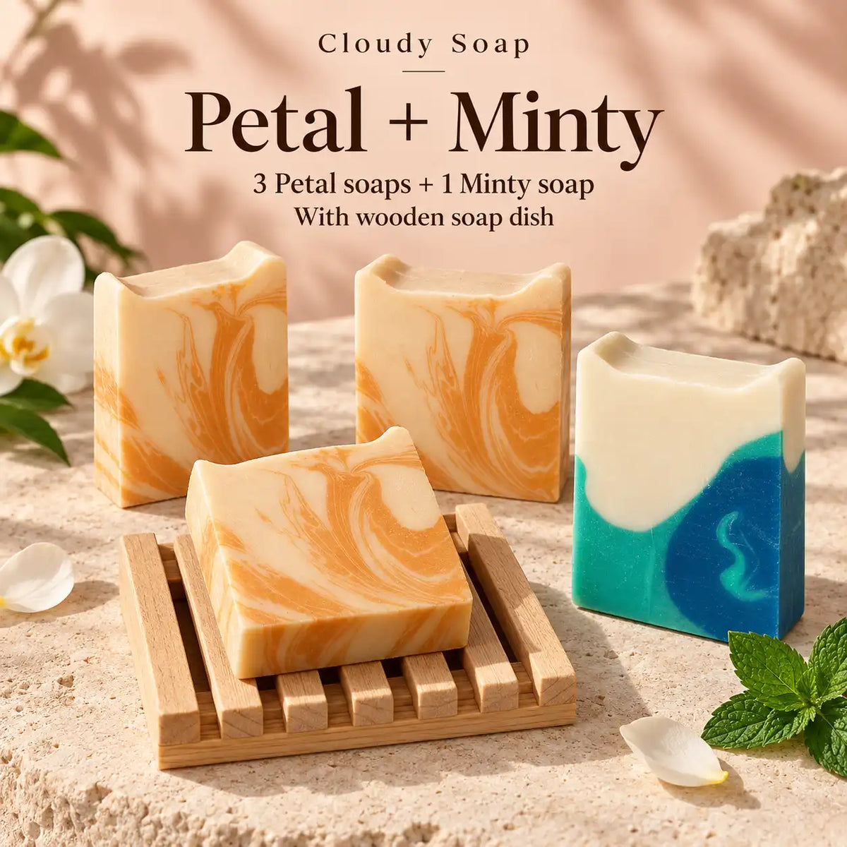 Gentle Care soap set: 3 Petals and 1 Peppermint bar with a wooden soap dish