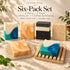 Cloudy Soap Six-Pack: 2 Peppermint, 2 Petals, 1 Activated Charcoal and 1 Coffee soap bar with a wooden soap dish and mesh tray