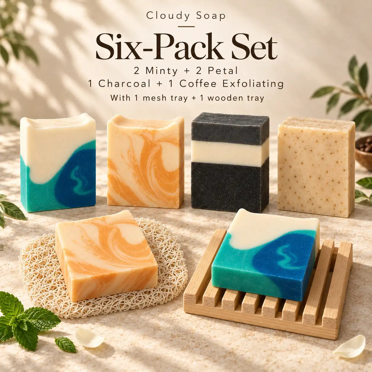 Cloudy Soap Six-Pack: 2 Peppermint, 2 Petals, 1 Activated Charcoal and 1 Coffee soap bar with a wooden soap dish and mesh tray